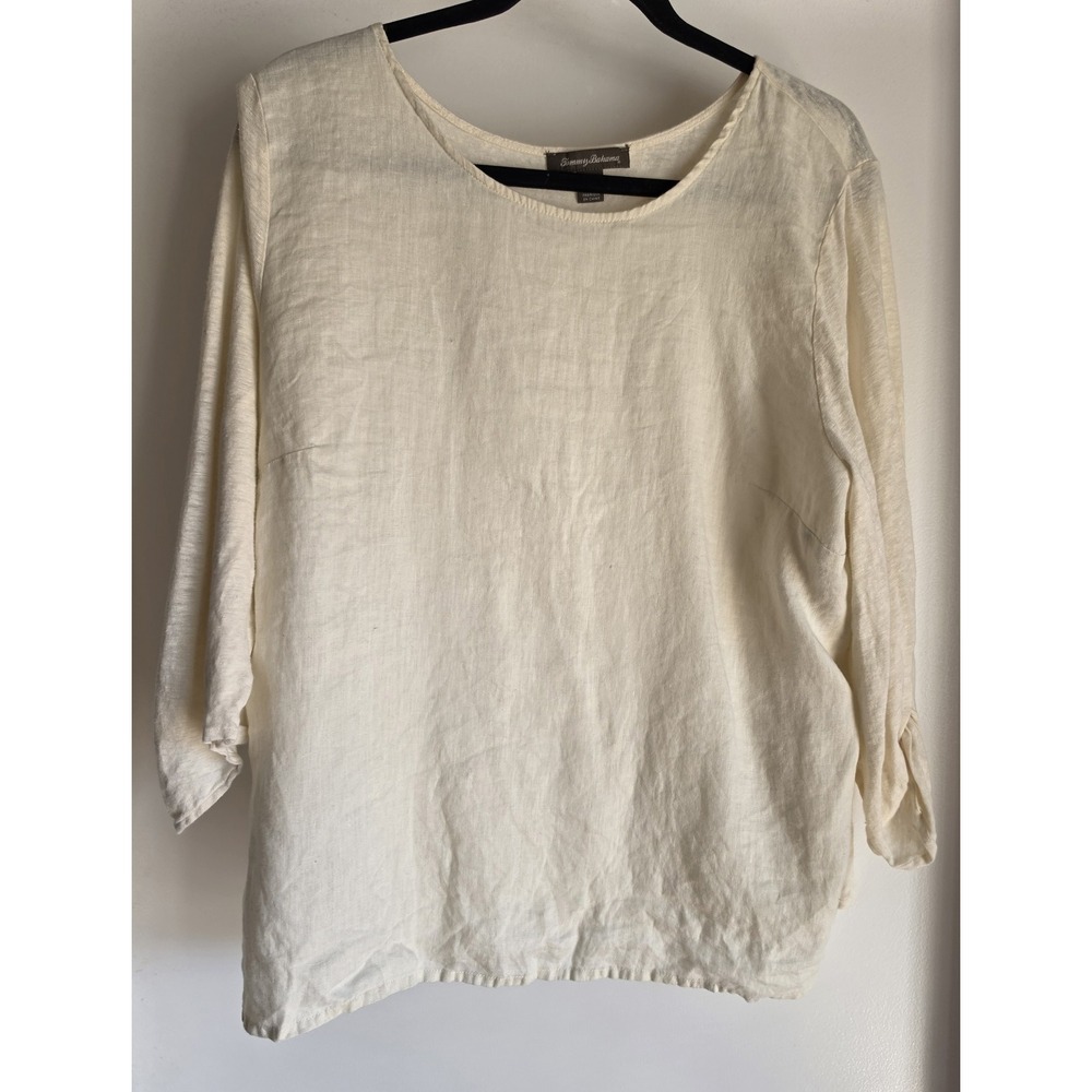 Tommy Bahama Blouse XL Cream Linen Long Sleeve Round Neck Resort Top Shirt
